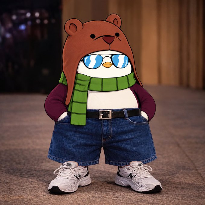 An anthropomorphic penguin character wearing a bear hat, green scarf, maroon shirt, denim shorts, and New Balance sneakers stands against a wooden background.