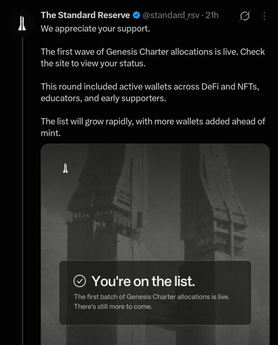 A tweet from 'The Standard Reserve @standard_rsv' announcing Genesis Charter allocations with a 'You're on the list' confirmation graphic.