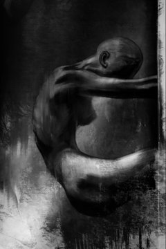 A dark, monochromatic digital painting depicting a hunched, faceless humanoid figure curled into a fetal position against a textured, shadowy background.