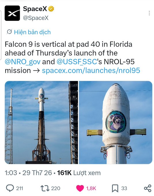 A SpaceX tweet announces 'Falcon 9 is vertical at pad 40 in Florida ahead of Thursday's launch of the @NRO_gov and @USSFSSC's NROL-95 mission,' showing images of the rocket with 161K views.
