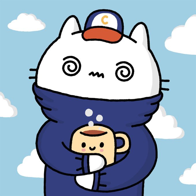 A digital illustration of a white cat character wearing a blue hoodie and a cap with a yellow 'C', holding a smiling mug of coffee against a blue sky with white clouds.
