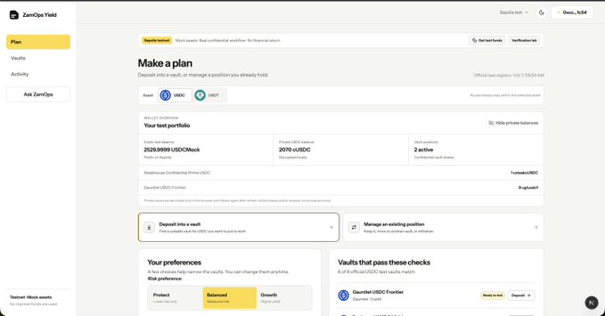 A screenshot of the ZeroLend Yield platform showing a 'Make a plan' interface with a USDC vault, displaying a test portfolio balance of 2529.9999 USDCstock and 2070 sUSDC, with options to 'Deposit into a vault' and 'Manage an existing position.'