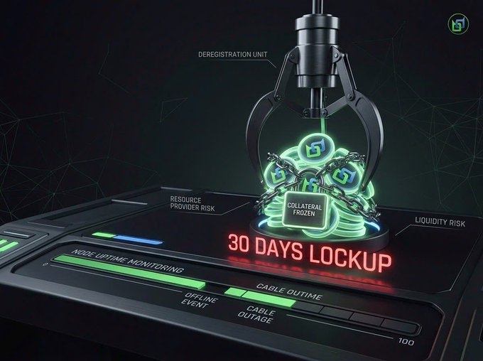 A 3D graphic showing a robotic claw labeled 'DEREGISTRATION UNIT' above a padlock reading 'COLLATERAL FROZEN' on '30 DAYS LOCKUP,' with interface elements like 'RESOURCE PROVIDER RISK,' 'LIQUIDITY RISK,' and 'NODE UPTIME MONITORING.'
