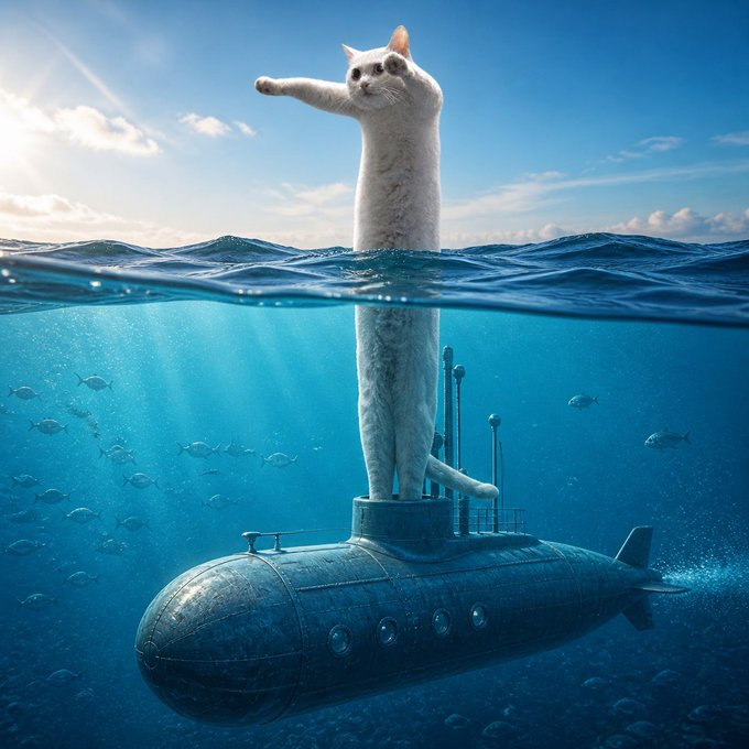 A white cat stands tall atop a submarine, with its body emerging from the ocean waves and casting a commanding pose by pointing forward. The image playfully illustrates the post's message about choosing to "LONG" (go long on a trade) rather than staying underwater, symbolizing rising above the depths with confidence.