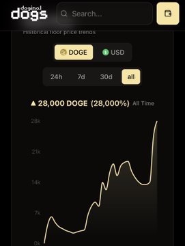 dogeinal dogs app screenshot showing historical floor price trends for DOGE/USD, displaying a 28,000% all-time gain with an upward-trending line chart.