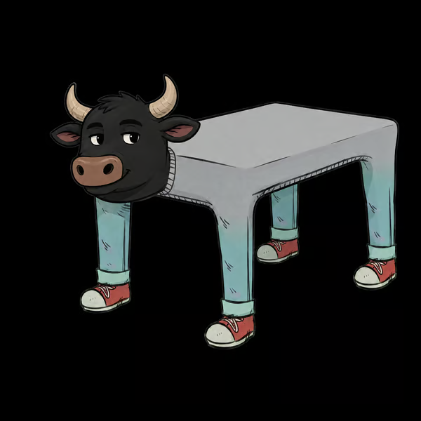 A cartoon black bull's head is humorously attached to a table wearing red sneakers, embodying the "Chill Bull Table" meme that blends bullish energy with laid-back attitude for the $MOGCHILL memecoin on Solana.