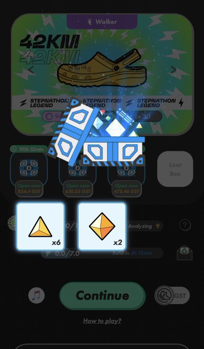 A mobile game screen showing a "42KM!" Stepathon Legend achievement with a clog shoe graphic, along with loot box rewards including yellow pyramid items (x6) and an orange diamond item (x2).