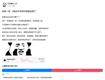 **Image 4:** A social media post questioning HBAR's role with Tianzi's wallet, showing a cartoon face and a declining price chart for HBAR/USDT from 0.11751.