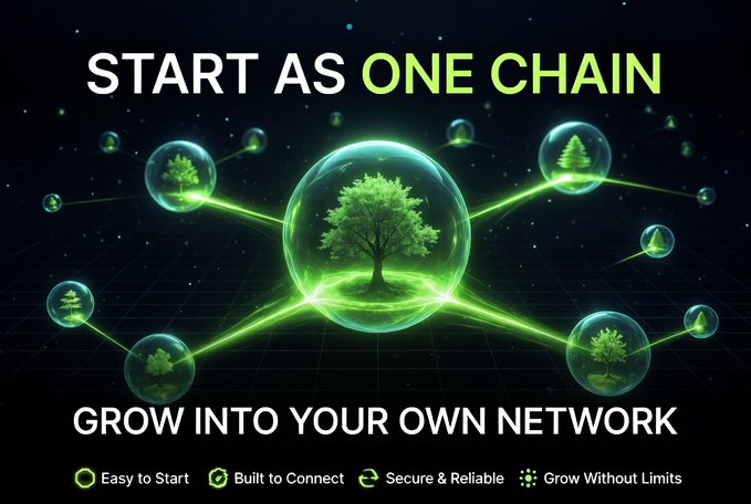 Marketing graphic reading 'START AS ONE CHAIN, GROW INTO YOUR OWN NETWORK' with features: Easy to Start, Built to Connect, Secure & Reliable, Grow Without Limits.