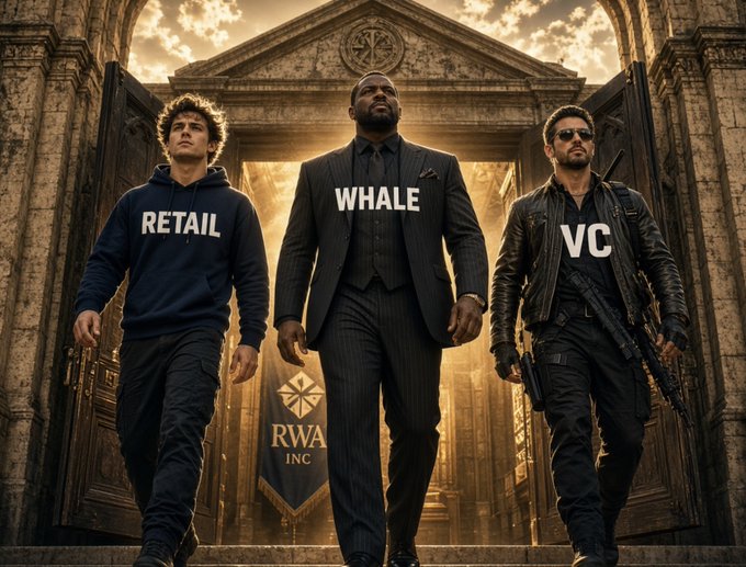 A dramatic AI-generated image of three men labeled 'RETAIL', 'WHALE', and 'VC' walking out of a grand building with 'RWA INC' displayed at the entrance, representing crypto investor archetypes.