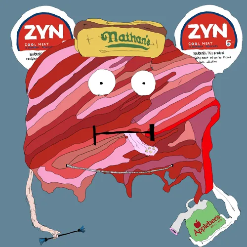 A surreal illustration of a melting, bloody mass of raw meat with eyes, drooling tongue, and limbs, surrounded by ZYN containers and an Applebee's bag.