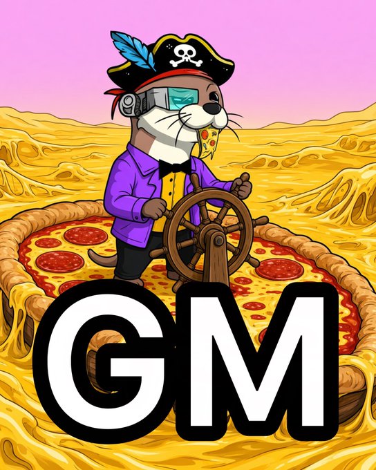 Image 9: A cartoon illustration of an otter dressed as a pirate, steering a ship's wheel. The otter is standing on a giant pizza crust floating on a sea of melted cheese, with large white letters "GM" in the foreground.