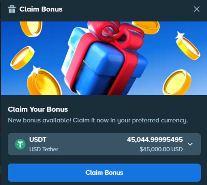 A "Claim Bonus" pop-up shows a $45,000 USDT (45,044.99995495) monthly bonus available for the user to claim, relating to their post expressing surprise at how low their August Monthly Bonus was compared to their wagering volume.
