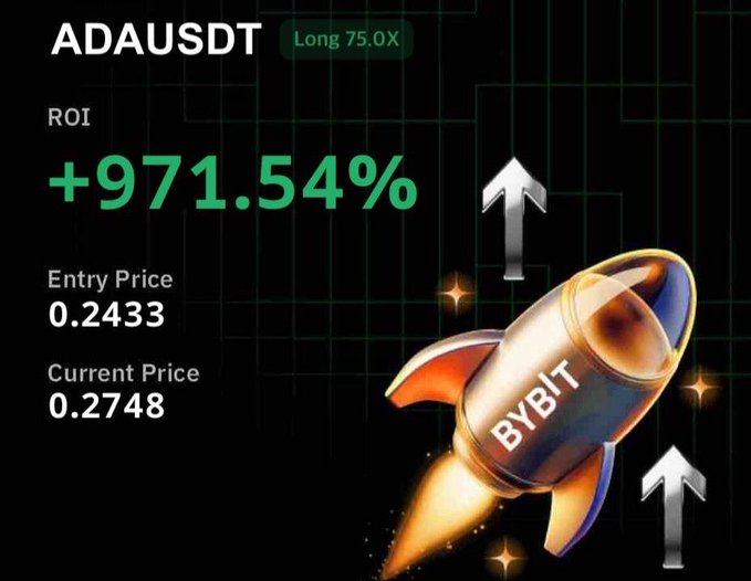 A Bybit promotional graphic showing an ADAUSDT long position with 75.0x leverage, displaying a +971.54% ROI, an entry price of 0.2433, and a current price of 0.2748, accompanied by a rocket illustration and upward arrows.