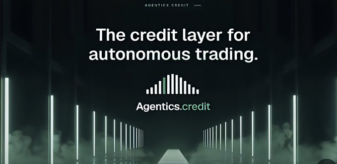 A dark advertisement displays 'The credit layer for autonomous trading' with the Agentics.credit logo and a stylized equalizer graphic.