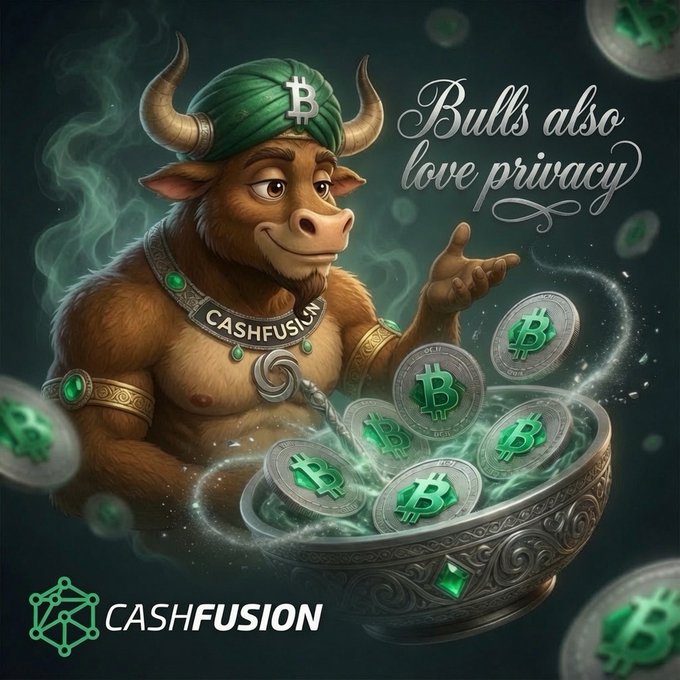 An illustrated advertisement for Cashfusion showing a muscular minotaur-like character wearing a 'B' logo headband and a 'CASHFUSION' necklace, stirring a bowl of green Bitcoin coins with the tagline 'Bulls also love privacy'.