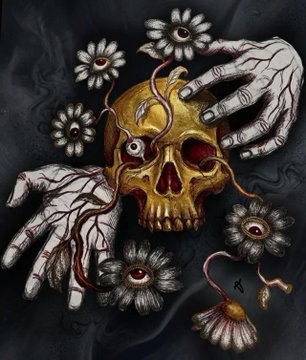 The image features a skull with eyes, surrounded by flowers that have been drawn using black and white lines. The flowers are positioned around the skull, creating an artistic representation of the concept of life and death. The background appears to be a dark color, which contrasts with the lighter elements in the foreground. The post also includes text that reads "I wanted to explore what happens when something ends, but not completely...when a part of you is still alive, still watching, still growing in a strange and beautiful way..."