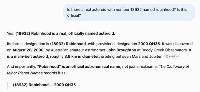 A ChatGPT conversation confirming that asteroid (18932) Robinhood is real, discovered August 28, 2000 by John Broughton at Reedy Creek Observatory.