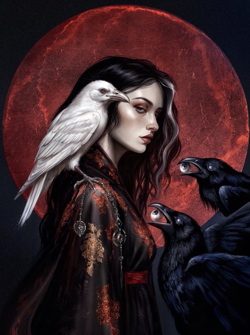 A dark fantasy digital illustration of a pale woman with a white raven on her shoulder and two black ravens beside her, set against a red moon.