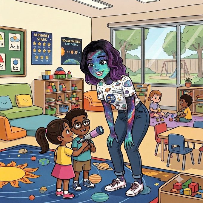 A cartoon illustration shows a purple-skinned teacher with cosmic patterns in a classroom labeled 'MISS LILLY' and 'SOLAR EXPLORER,' as two children show her a toy telescope, with 'ALPHABET STARS' and 'SOLAR SYSTEM' posters on the walls.