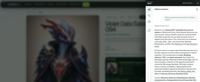 Screenshot of a web browser with a Docu 'GrSBook Assistant' sidebar answering the question 'What is stockrom and what is its future value?' with an explanation about Stockrom as a Genesis NFT collection plus protocol system.