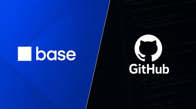 The image shows the Base logo alongside the GitHub logo, representing collaboration between the two platforms. This visually complements the post's message about making contributions to Base's open-source repositories on GitHub.