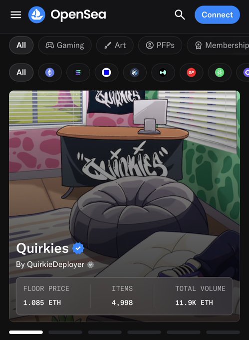 A mobile screenshot of the OpenSea NFT marketplace displaying the "Quirkies" collection (By QuirkieDeployer, verified), showing a 3D-rendered room with a bean bag, desk, and graffiti, with a floor price of 1.085 ETH, 4,998 items, and 11.9K ETH total volume.