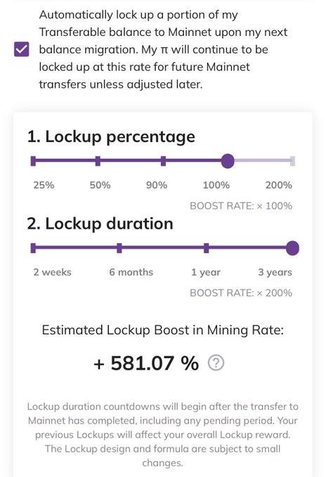 A cryptocurrency lockup configuration screen showing a lockup percentage set to 100% and lockup duration of 3 years, with an estimated lockup boost in mining rate of +581.07%.