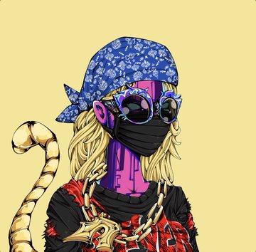 A stylized digital illustration of a character with blonde hair, a blue floral bandana, dark sunglasses, a face mask, a gold chain, and a yellow scorpion tail, set against a yellow background.