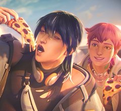 An animated illustration of two characters, one with dark hair biting a slice of pizza and another with reddish hair smiling in the background.