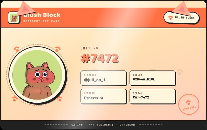 A 'Blush Block' digital ID card for 'Resident Paw Pass' showing a cartoon cat avatar, Unit No. #7472, X handle @juli_an_1, wallet 0x064A...b18E, Ethereum network, and serial CAT-7472 with 'Approved' stamp.