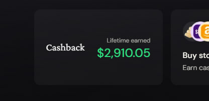 A digital interface displaying a Cashback section showing 'Lifetime earned $2,910.05' in green text, alongside a 'Buy stocks' option.