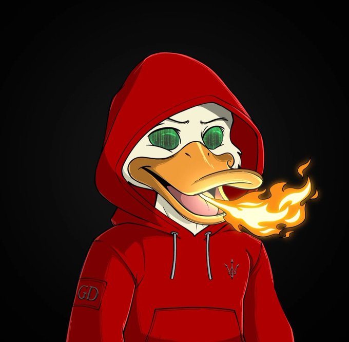 An illustration depicts an anthropomorphic duck character wearing a red hoodie with 'GD' initials and a trident logo, breathing fire on a black background.