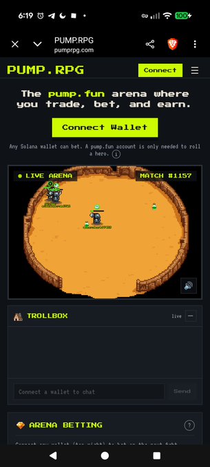 A mobile screenshot of pump.rpg's homepage (pumprpg.com) shows the "PUMP.RPG" arena tagline—"The pump.fun arena where you trade, bet, and earn"—with a "Connect Wallet" prompt above a live pixel-art arena match (#1157) and a Trollbox chat for $PUMPRPG memecoin traders. The page directly supports the post's pitch of the game as a memecoin trading battleground born for "trenchers."