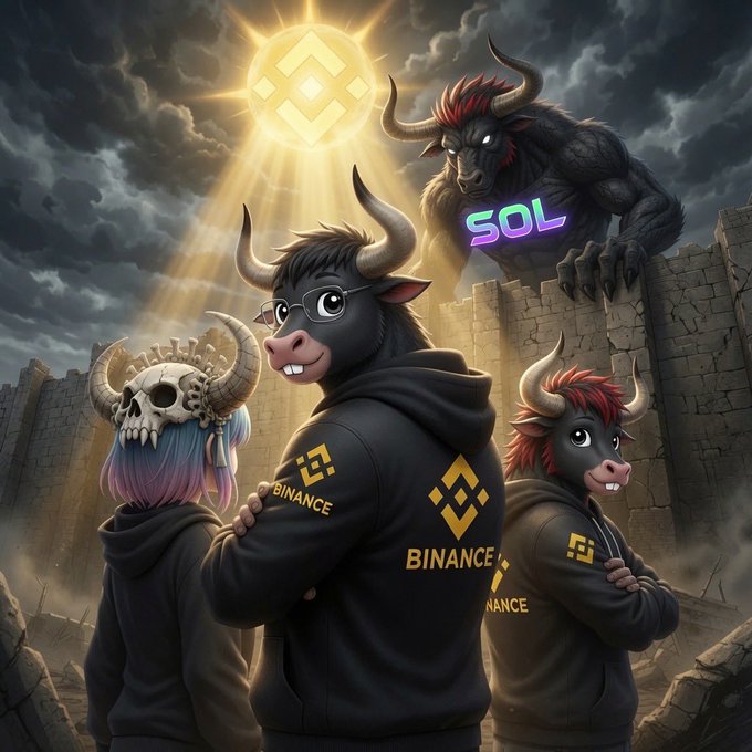 Three bull-themed figures in black Binance hoodies stand triumphantly amid castle ruins as a fierce horned beast looms over the walls, with a glowing Binance logo shining above and "SOL" displayed in vibrant neon—symbolizing the bulls rallying together to overcome towering obstacles and rise toward the crypto sun.