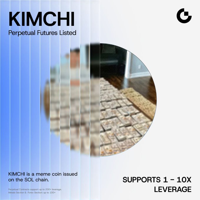 Promotional graphic for Gate Futures listing the meme coin KIMCHI, showing a close-up of kimchi in a circular crop. Key text reads “KIMCHI Perpetual Futures Listed,” “KIMCHI is a meme coin issued on the SOL chain,” and “SUPPORTS 1–10x LEVERAGE,” matching the announcement of the $KIMCHI/$USDT futures pair trading now on Gate.