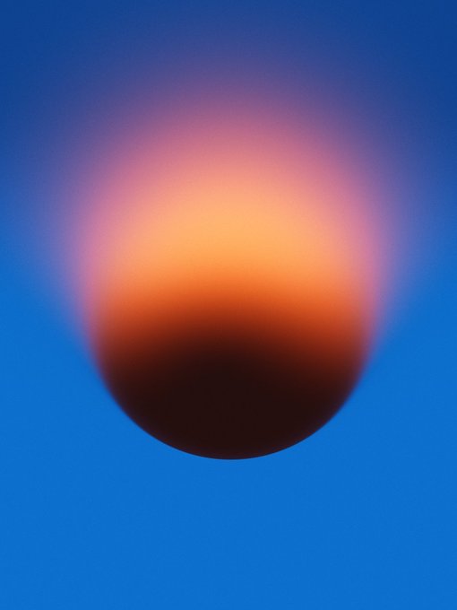 A soft, glowing sphere with a dark red center radiates warm orange and pink light upward against a gradient blue background, resembling a celestial body at sunset or sunrise.

The image fits the "post art" sentiment of the caption—offering an abstract, meditative visual that speaks without words, perhaps echoing the playful dismissal of needing to say anything meaningful to create something worth sharing.