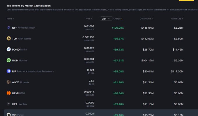 Binance's "Top Tokens by Market Capitalization" page displays the top 9 gainers over 24 hours, led by NFPrompt Token (NFP) at +105.08%, followed by Alien Worlds (TLM) +55.57%, and Nomina (NOM) +37.31%, with most tokens mentioned in the post—NOM, HEMI, HFT, and VIC—visible among the listings.