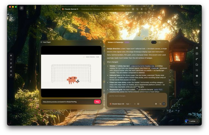 The image shows a desktop interface for "Claude Sonnet 5" featuring an autumn forest background with a Japanese lantern, displaying a "Take Photo" tool and a "Modern UI Redesign" design specification for a pink voxel "Nyan room" editor for nbt-black canvas users. The caption relates to the post by highlighting how the Claude UI demonstrates AI-powered design tooling being made more resource-efficient and performant on platforms like Clonk for running models.
