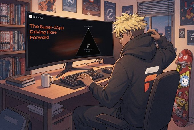 Anime-style illustration of a blond-haired person at a desk working on a computer displaying 'SparkDEX' and 'The Super-dApp Driving Flare Forward' with a FiFiCoin logo.