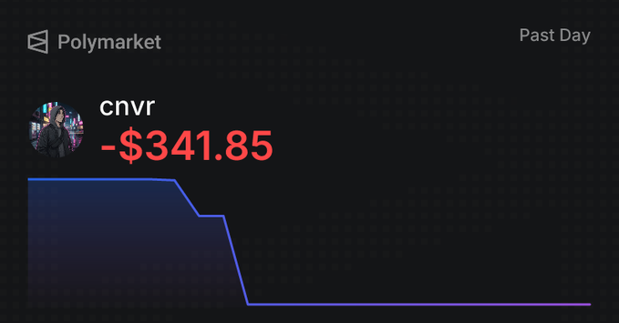 A Polymarket dashboard showing a user 'cnvr' with a past day PNL of -$341.85 and a declining blue chart line.