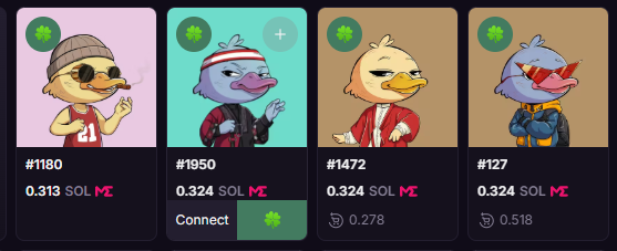 The image shows four NFT cartoon duck characters listed for sale: #1181 at 0.313 SOL, #1950 at 0.324 SOL (marked "Connect"), #1472 at 0.324 SOL with a bid of 0.278, and #127 at 0.324 SOL with a bid of 0.518. The caption related to the post is **"-NFTs"**, which fits the context of the negative commentary about Wallchain's declining community engagement, suggesting NFT activity is winding down alongside the project.