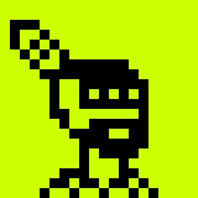 A pixel art illustration of a black skeletal character or creature with a rectangular head on a bright yellow-green background.