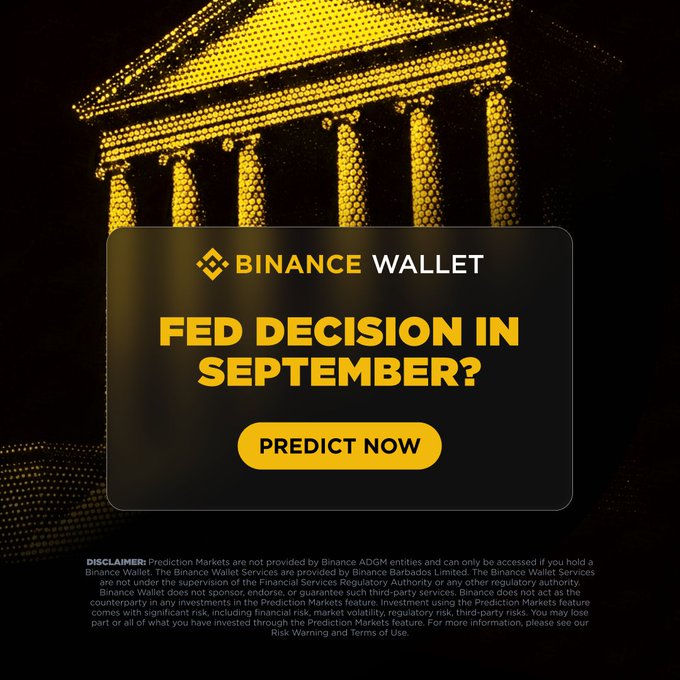 A Binance Wallet promotion featuring a pixelated golden Federal Reserve building with text reading "FED DECISION IN SEPTEMBER?" and a "PREDICT NOW" button, inviting users to forecast the Fed's upcoming interest rate decision—directly tied to the post's call to watch and trade on the Fed's September announcement.