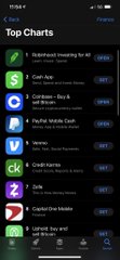 The image shows a smartphone screenshot of the Apple App Store's "Top Charts" section, displaying popular finance and cryptocurrency apps including Acorns, Coinbase, Webull, and Binance, with the post referencing "Coinflation" and a specific Ethereum contract address (0xe0c9...).