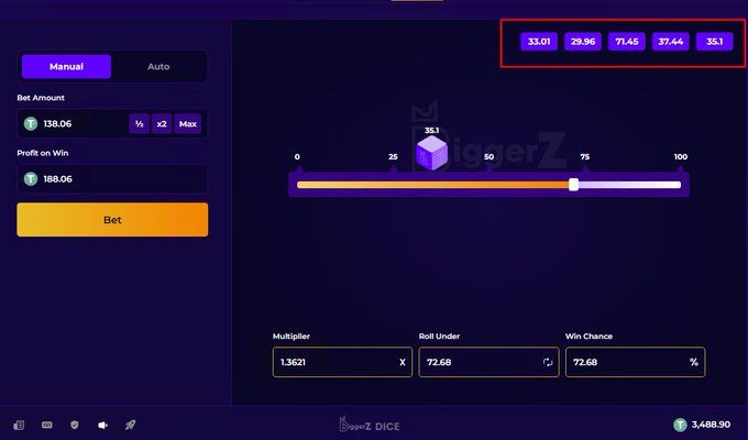 A dice gambling game interface called 'BiggerZ Dice' on a dark purple background, showing a bet of 138.06, profit of 188.06, multiplier of 1.3621, roll under 72.68, and recent results of 33.01, 29.96, 71.45, 37.44, and 35.1.