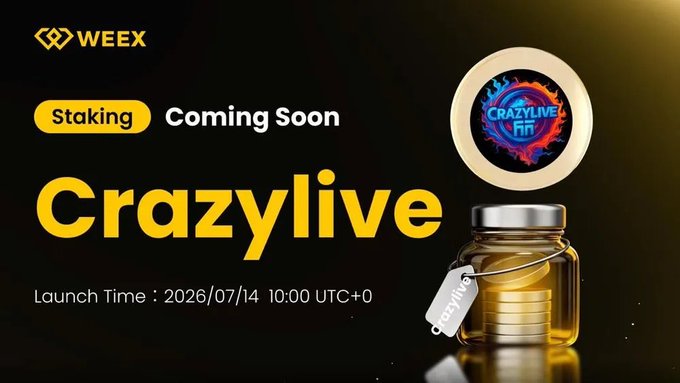 A promotional WEEX graphic announcing the upcoming launch of Crazylive Staking, featuring a glass jar filled with gold coins, a tag labeled "Crazylive," and a colorful "CRAZYLIVE" logo, with details showing a launch time of 2026/07/14 10:00 UTC+0.