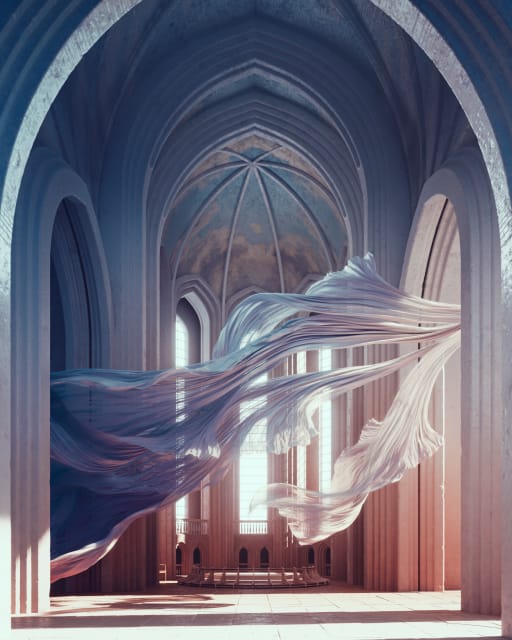 A digital illustration of a grand cathedral interior with tall arched ceilings, featuring ethereal, flowing fabric-like forms in pastel blue and pink hues suspended in the air.
