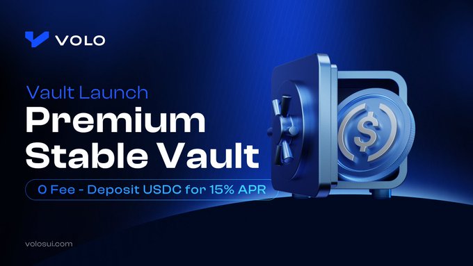 A promotional banner for VOLO's 'Premium Stable Vault' launch, advertising 0 fees and a 15% APR on USDC deposits, featuring a 3D illustration of a blue vault safe with a dollar coin.