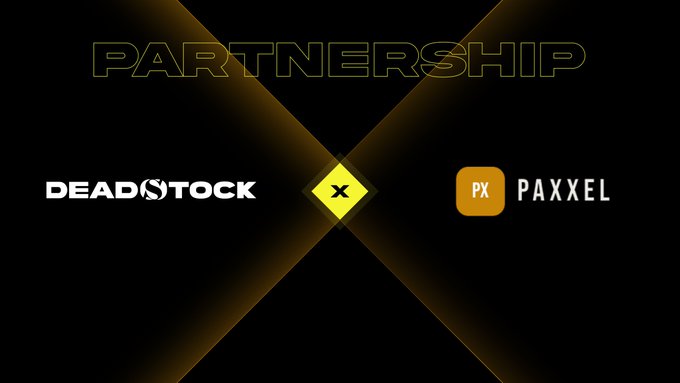 The image displays a partnership announcement featuring the word "PARTNERSHIP" at the top, with "DEADSTOCK" logo on the left and "PAXXEL" logo on the right, connected by a yellow "X" symbol against a black background with crossing light beams. This visual promotes the collaboration announced in the post between Deadstock and Paxxel to bring vaulted Japanese PSA 10 graded cards onchain to the Base ecosystem via Arbitrum.